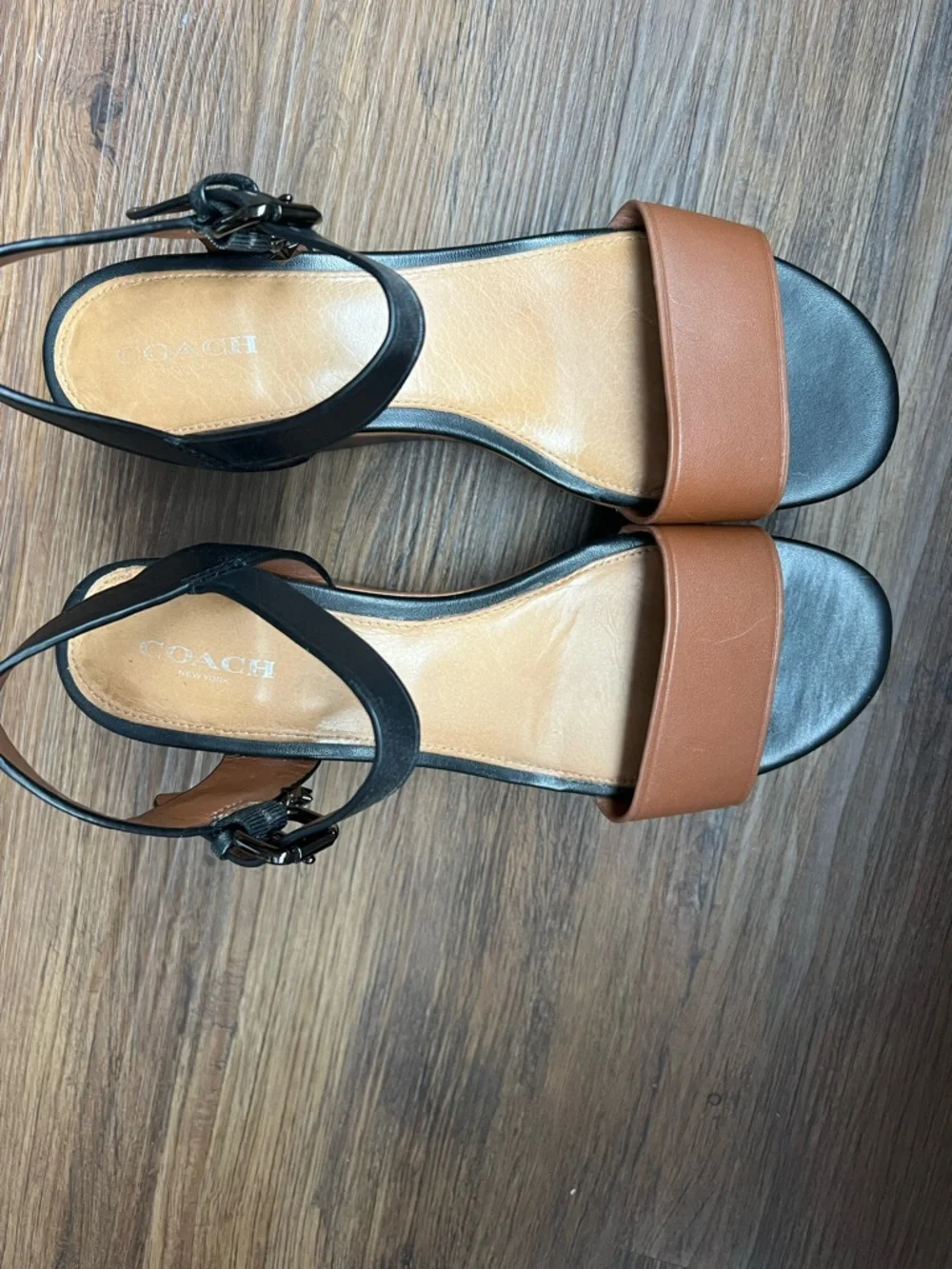 Coach Black & Brown Leather Ankle-Strap Sandals